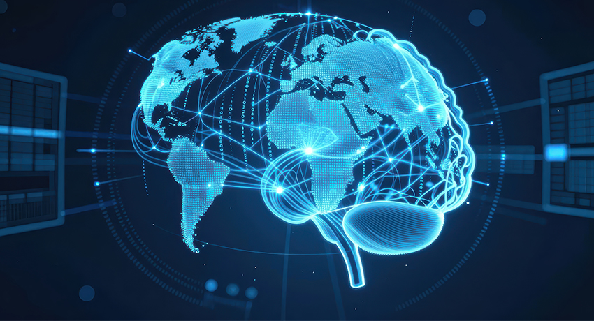 Outline of a human brain overlaid with a world map and connected by glowing network lines on a dark background.