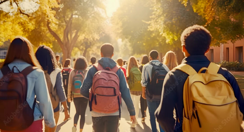 Back view of a diverse group of students wearing backpacks walking along a sunlit, tree-lined campus path, with light filtering through the trees and school buildings visible in the background.